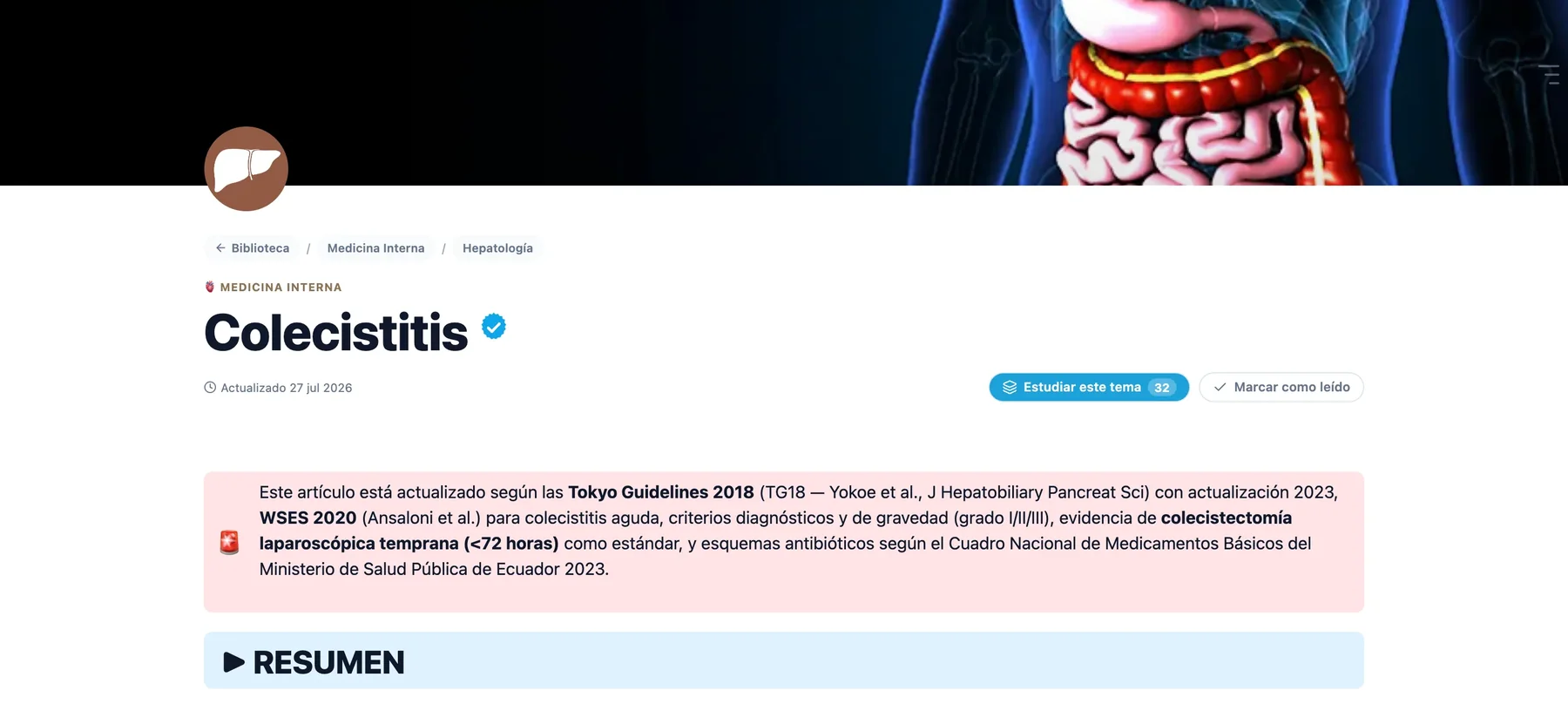 Artículo de colecistitis en la Biblioteca médica, con el botón Estudiar este tema